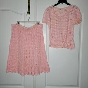 Vintage Little Flower Pink crochet 2 pc Set Skirt Short Sleeve Top Cotton Medium